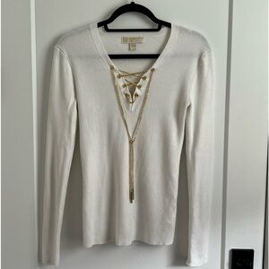 Michael Kors Long Sleeve White Top with Gold Chain Accent - Size M